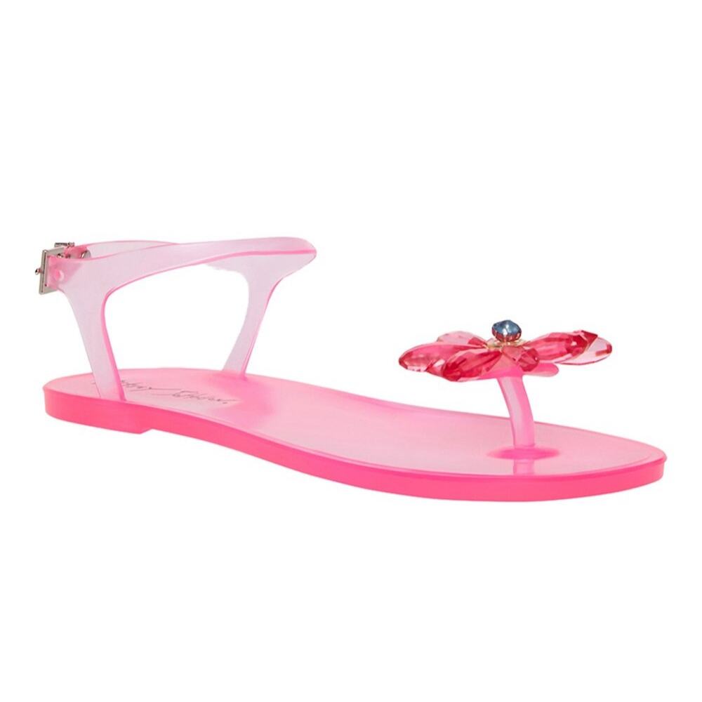Betsey Johnson Women Pink Clear Jelly Embellished Flower Tabby Flat Sandals US 7